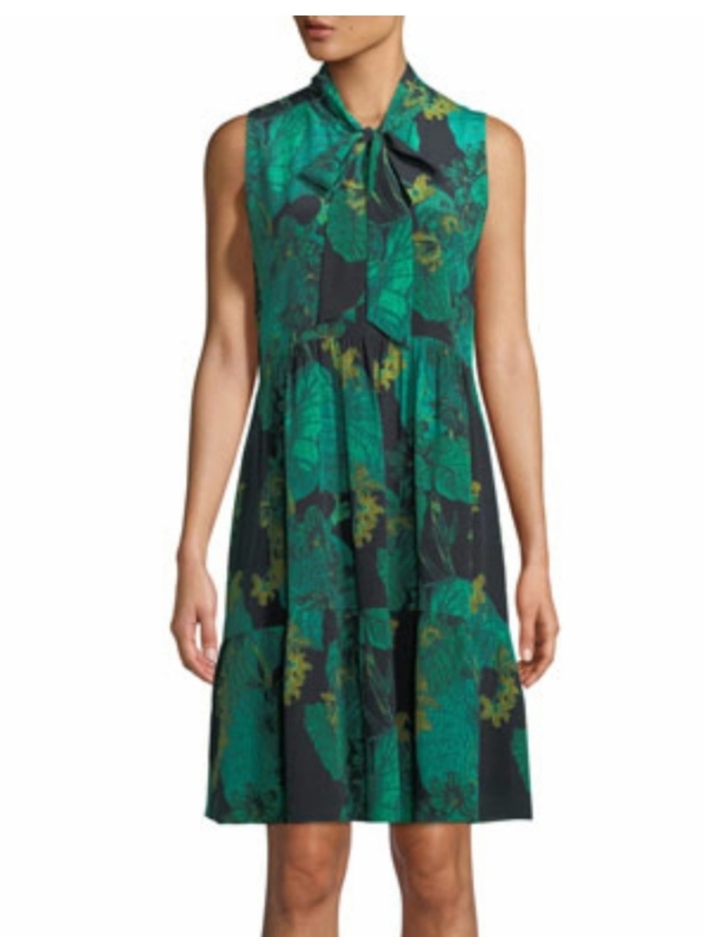 Kobi Halperin Rosie Silk Leaf Print Tie Neck Dress